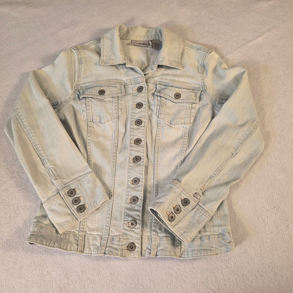 Chicos Platinum Denim Jacket Light Wash Blue Button Front Stretch Size 0 XS Y2K